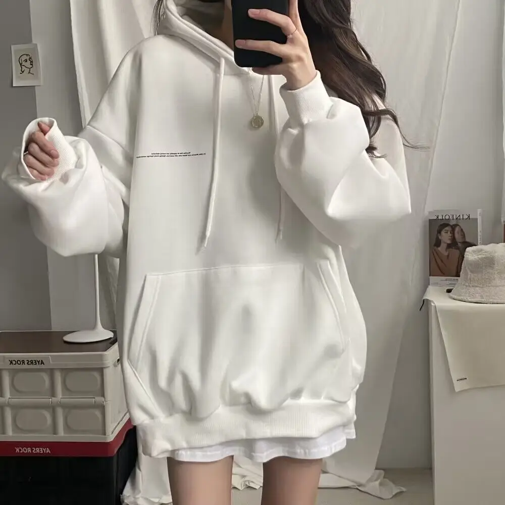 Spring Autumn Harajuku Grey Women\'s Hoodie Oversized Graphic Sweatshirts Korean Style Pullovers Y2k Streetwear Aesthetic Vintage