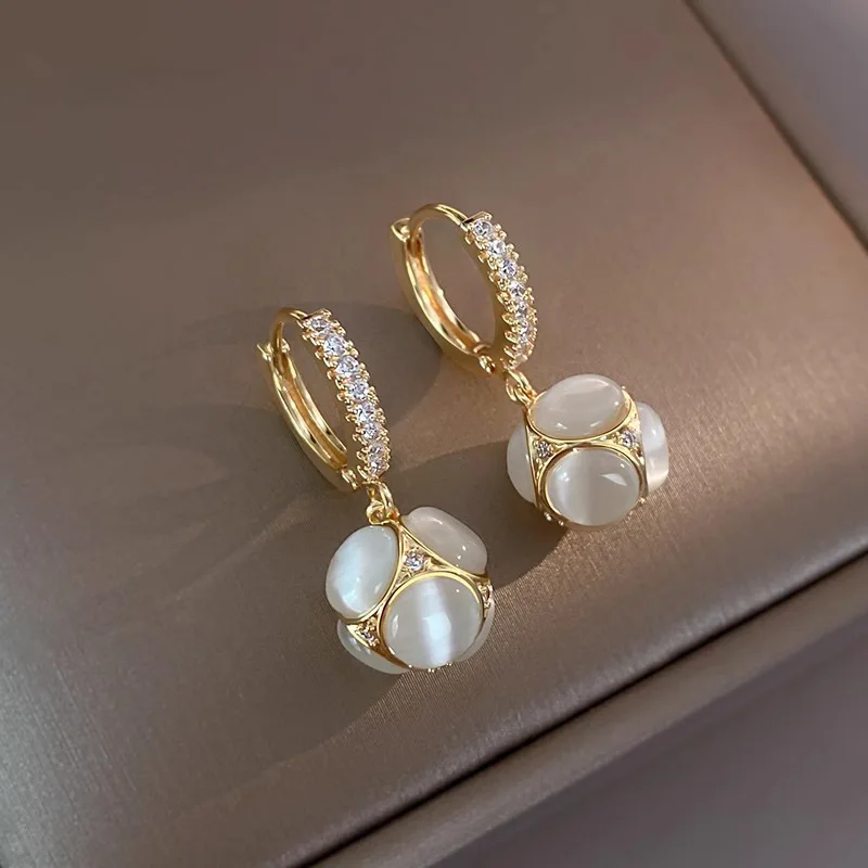 Exquisite Opal Flower Basket Shaped Dangle Earrings For Women Elegant Design Micro Zircon Setting Young Girls Party Jewelry