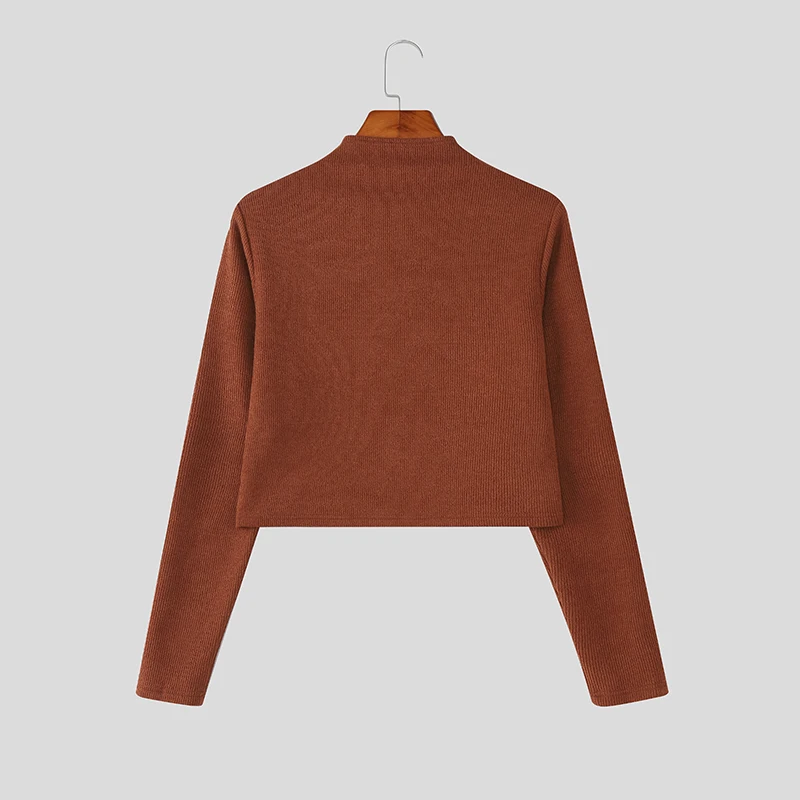 INCERUN الرجال تي شيرت بلون الياقة المدورة طويلة الأكمام محبوك الذكور المحملة القمم الشارع الشهير 2025 موضة عادية المحاصيل القمم الرجال S-3XL