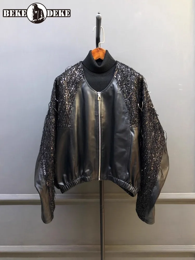 الشارع عارضة المرأة سترة جلدية حقيقية Batwing كم الترتر شرابة الأزياء المرقعة فضفاضة تناسب ملابس خارجية معطف جلد الغنم