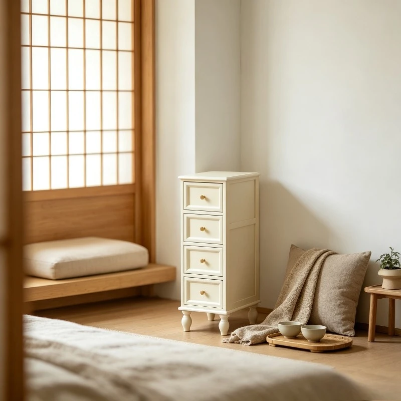 Thick Solid Wood Vintage Narrow 28cm Dresser Nightstand Drawer Storage Cabinet Brass Pulls Timber Slides Water Resistant