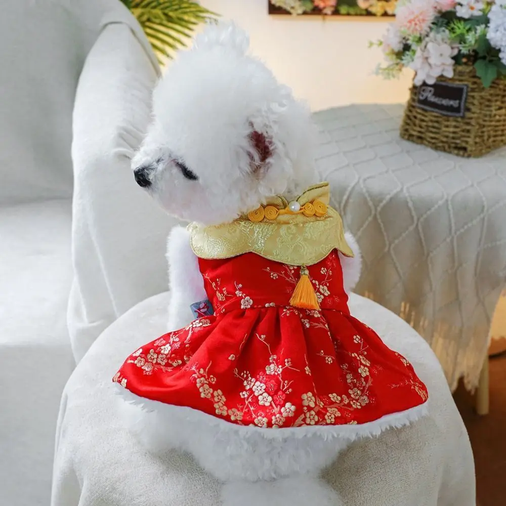 Abito per animali domestici di Capodanno in stile cinese Gonna da principessa per animali domestici in flanella di peluche con nappe Resistente al vento Gilet caldo per gatti Forniture per animali domestici