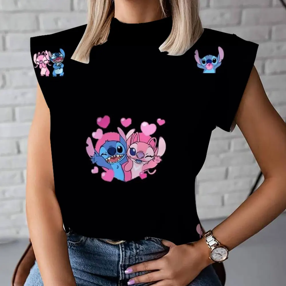 Camiseta de cuello alto de dibujos animados de estrella y puntada para mujer, camiseta de manga corta informal, cómoda y a la moda, Verano