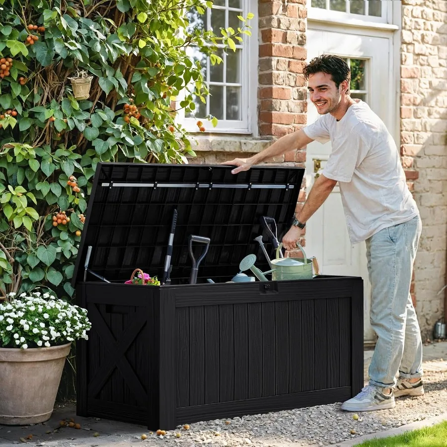 Deck Box, Resin Outdoor Storage Container for patio use, gray, weather-resistant and lockable