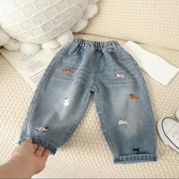 2025 Autumn Kids Pants Cartoon Embroidery Boys Loose Jeans Soft Casual Denim Trousers Children Outwear Girls Pants For 2-7 Years