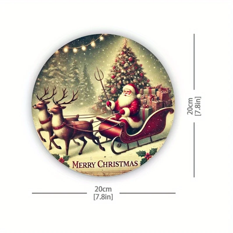 Festive Santa Claus Sleigh Metal Wall Art - 8x8 Inch Round Iron Sign, Christmas Tree and Reindeer Design with 