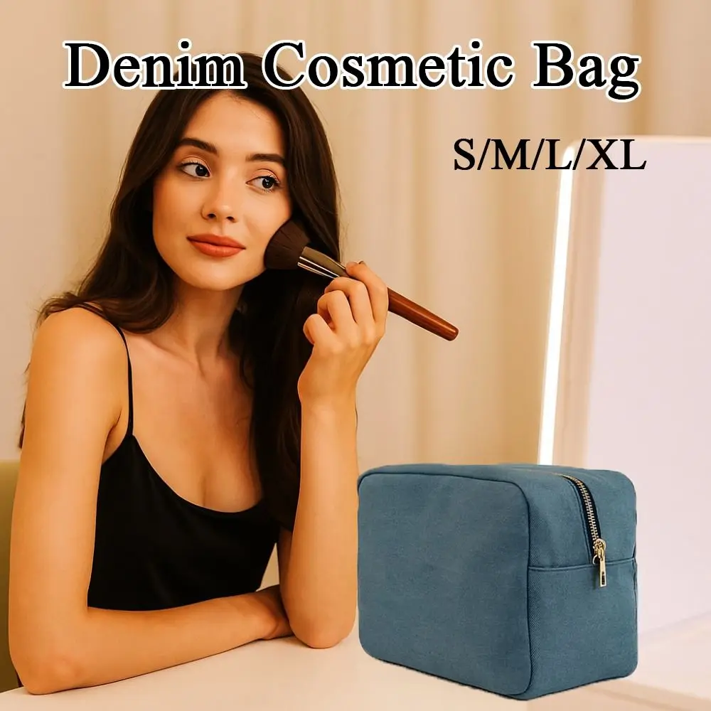 

Косметичка из денима синего цвета, 4 размера, с застежкой-молнией, винтажный джинсовый органайзер для туалетных принадлежностей и канцелярии, однотонная женская сумка для макияжа, подарок
