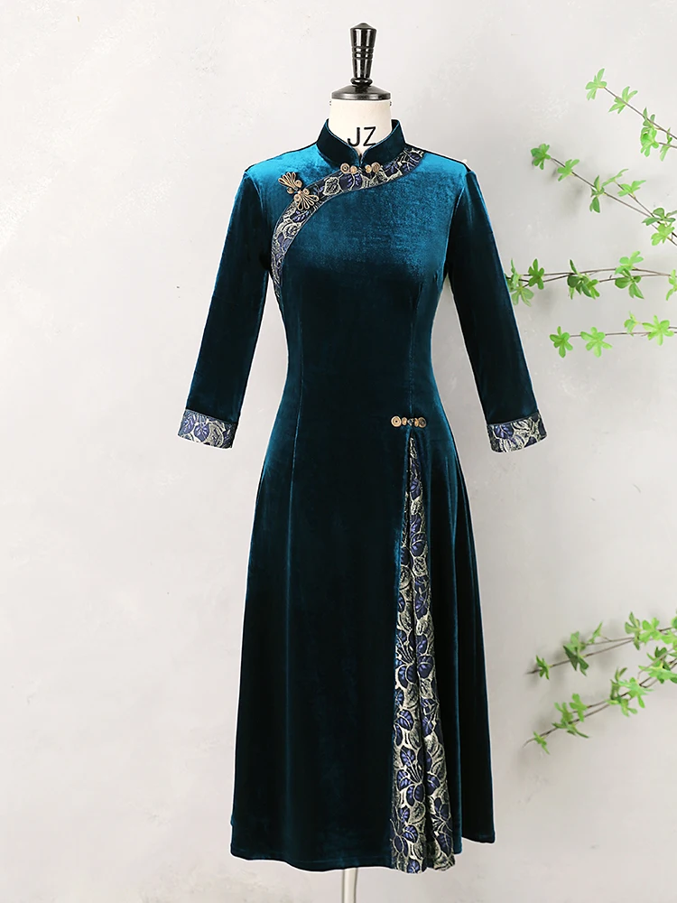 

Ele Velvet Dr with 7/8 Sves for Women Mid-Year Mom Autumn Winter Sle Retro Design Full Length Chi Pao