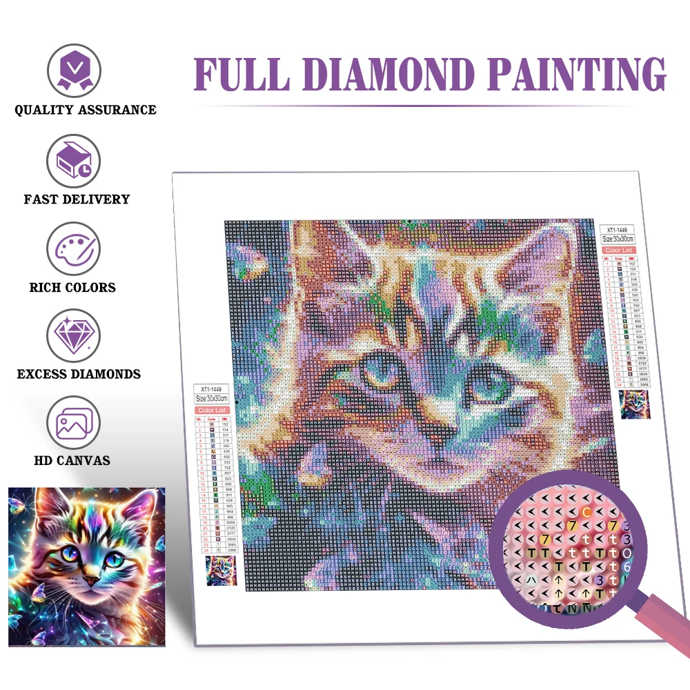 Huacan DIY Diamond Painting Animal Full Round Square Diamond Mosaic Cat Fantasy Art Home Decor Handmade Gift