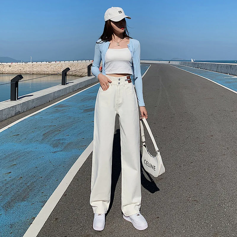 

2023 New Casual Women Wide Leg Loose High Waisted Jeans Female White Retro Blue Straight Baggy Pants Oversize Trousers Clothing