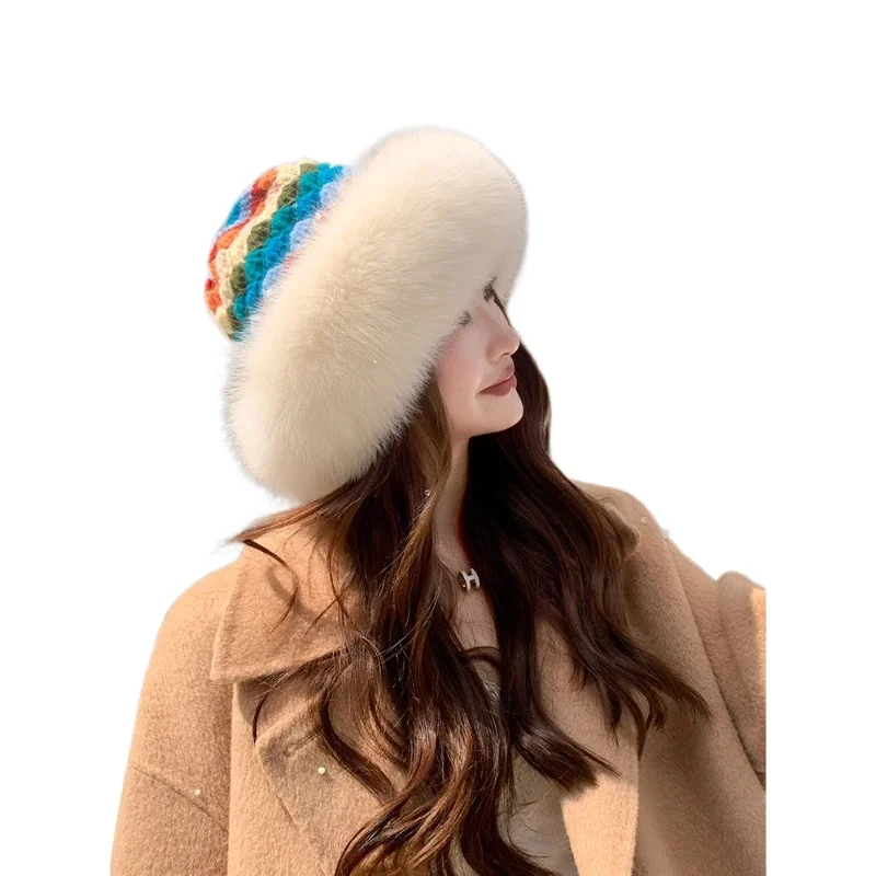 

Travel photo ethnic style fur hat winter warm fox hair bucket hat women show small face real hair basin hat