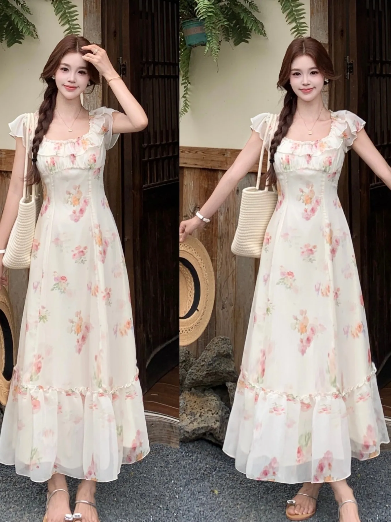 

Romantic Large Size Floral Print Dress Slimming Waist Beautiful Long Skirt Summer Fashionable plus Size Women's Clothing