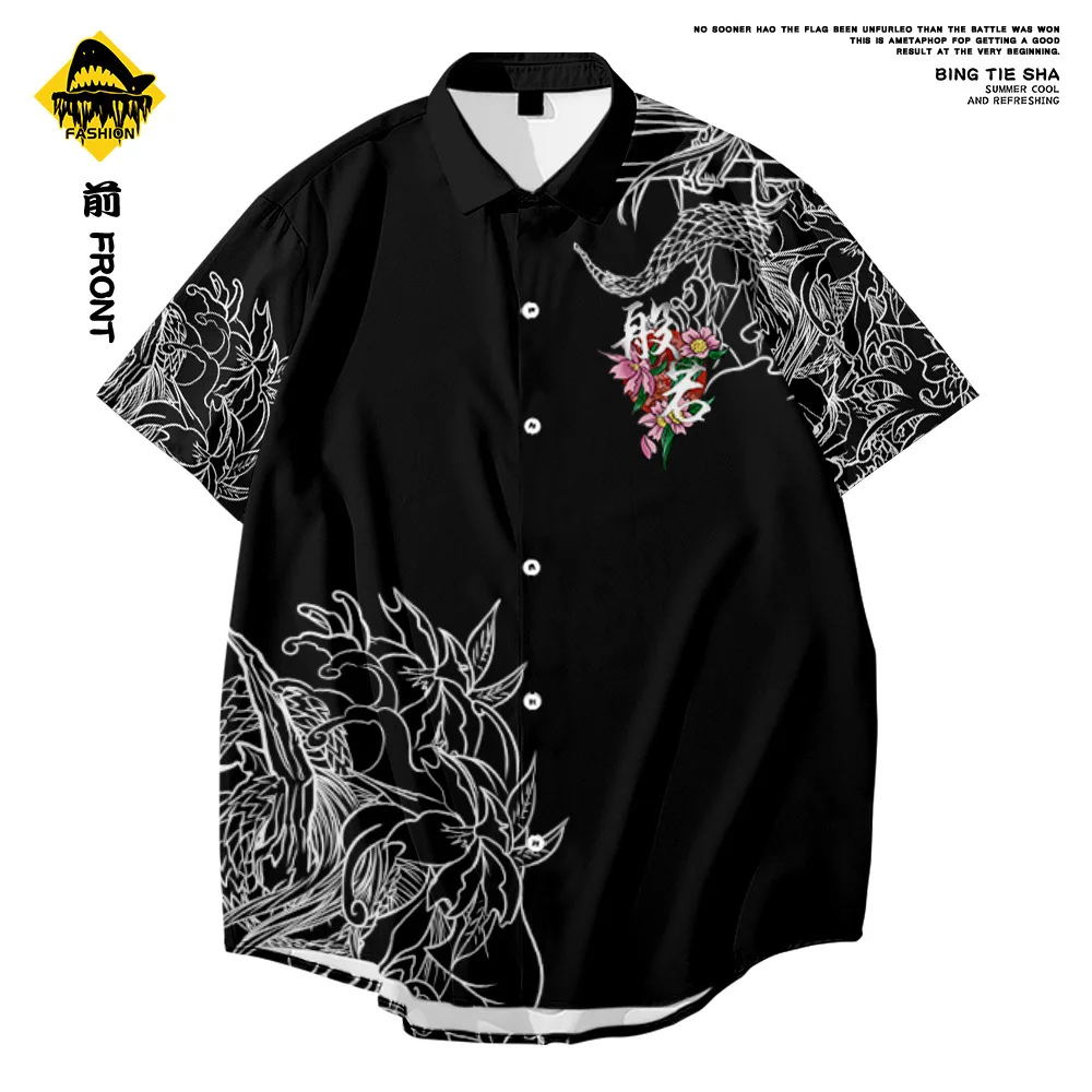 Japanese Style Demon Print Shirt 2021 Men Hawaiian Shirt Fashion Summer Short Sleeve Harajuku Anime Shirt Men Oversized Clothing