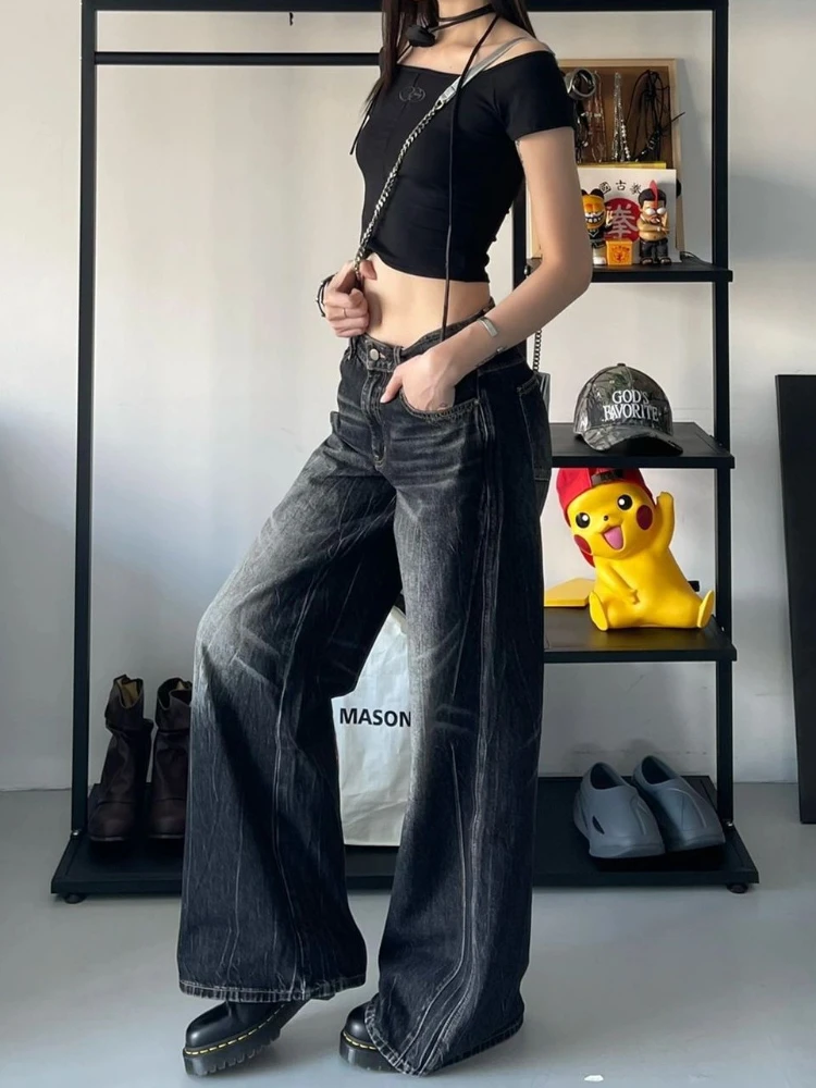 QWEEK Women Y2K Baggy Vintage Jeans Black Streetwear Spodnie z szerokimi nogawkami Harajuku Distressed Washed Looes Denim Trousers Hip Hop