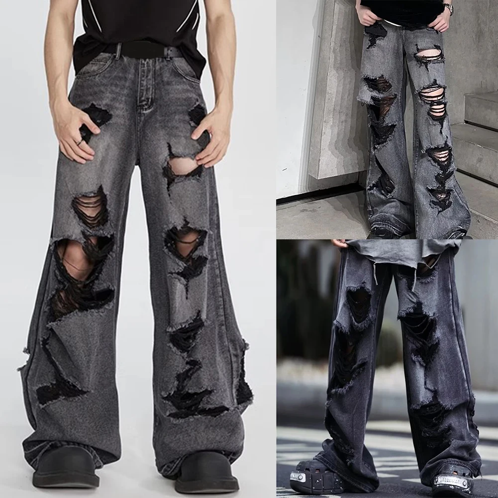 

Men Vintage High Waist Baggy Hole Pants Fashion Hip Hop Gothic Wide Leg Jeans Casual Loose Trouser 2025