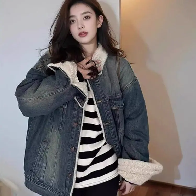 

Denim Coat Leopard Fur Plush Womens Fall Snap Button Knitting Boho Style Nightclub Gathering Flap Decorative Textured Ruffled OL