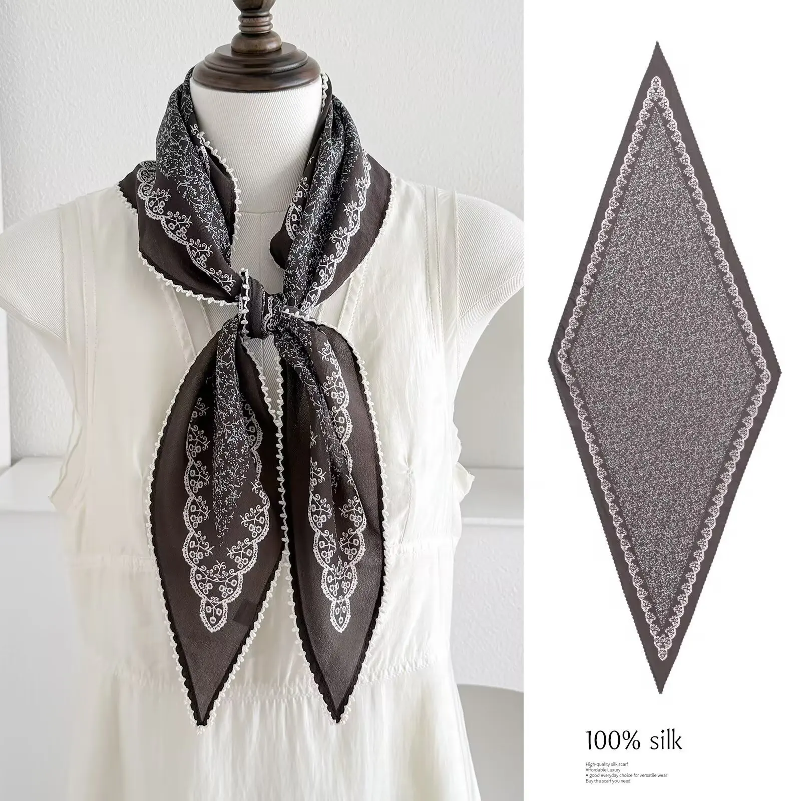 

100% Silk head handkerchief for women spring vintage black white print neck scarves pure silk woman accessories