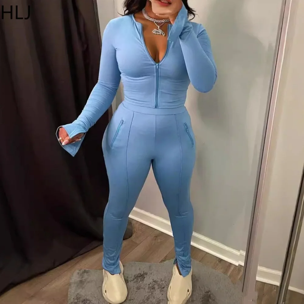 

HLJ Blue Casual Solid Sporty Skinny Pants Two Piece Sets For Women Zip Long Sleeve Top And Pants Outfits Female 2pcs Tracksuits