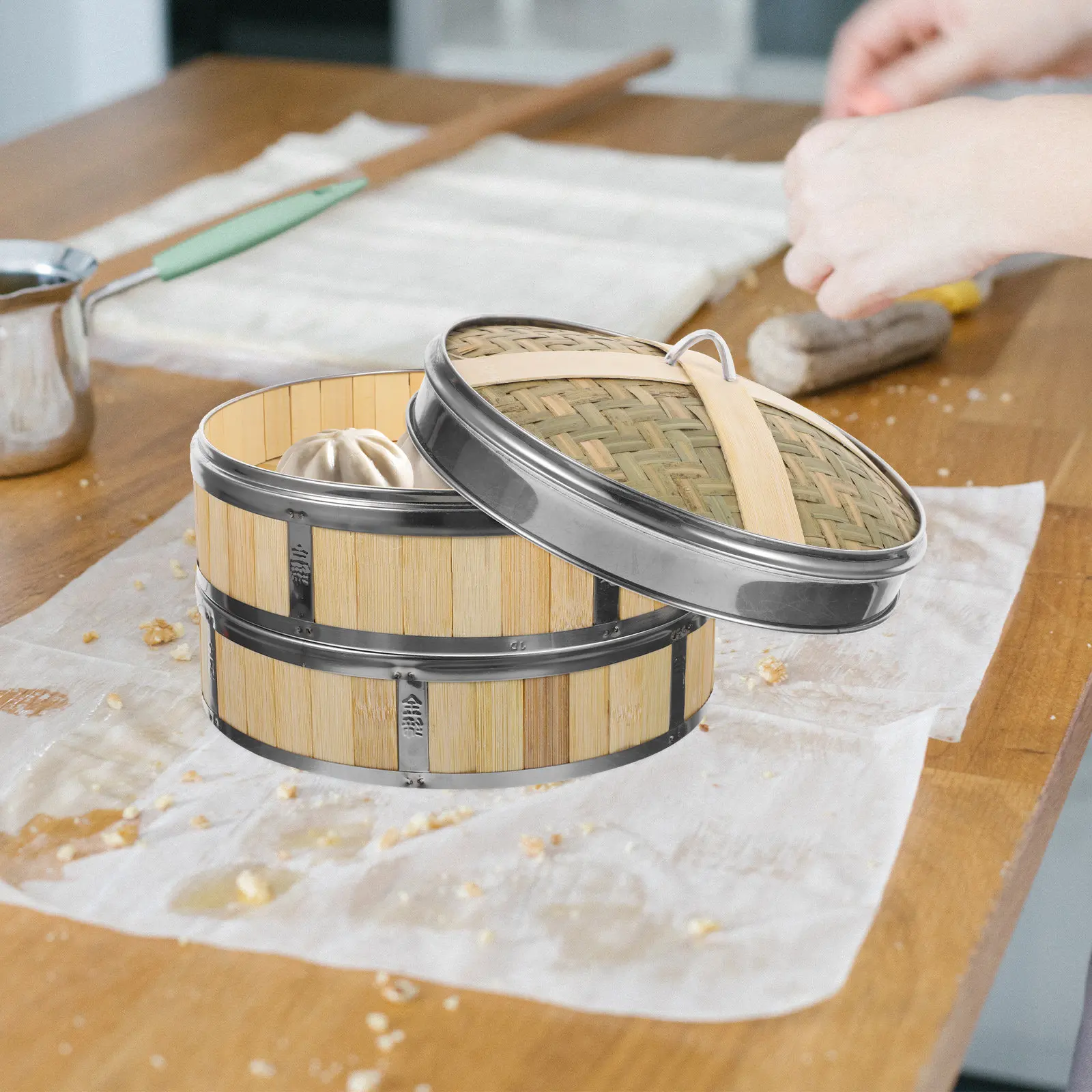 

Набор бамбуковых пароварок с металлическими краями для приготовления на пару: булочек, пельменей, риса, овощей, мяса