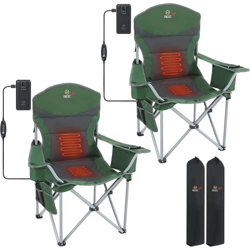 

Portable Heated Camping Chairs with Power Bank, Cooler, and Cup Holder (Green/Grey, Set of 2)