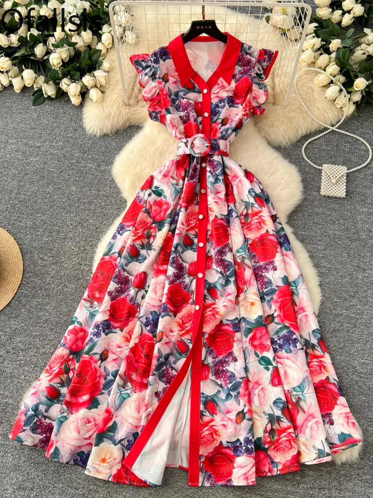 Ofallsis Turn down Neck Fashion Printed Lotus Leaf Sleeves Dress 2024 Autumn New Single Breasted Waist Cinching Big Swing Dress