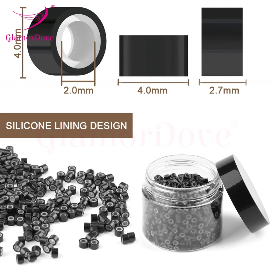 GlamorDove 1000 piezas micro anillos de 4mm para extensiones de cabello, microlinks con recubrimiento de silicona, herramientas y accesorios 4