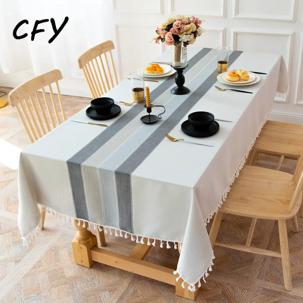 

Cotton Linen American Fabric Stripes with Tassel Rectangular Table Cloth Kitchen Table Map Towel Tablecloth Christmas Decoration