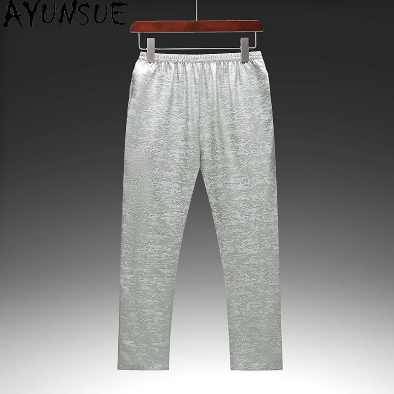 AYUNSUE 100% 桑シルクパンツ男性のファッション衣類唐装ズボンメンズシルクサテンパンツ弾性ウエスト薄いパンツ 바지