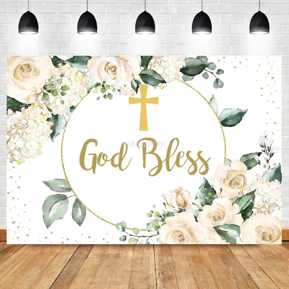 

God Bless My First Communion Baby Baptism Wood Board Wall Backdrop Boy Girl Golden Cross Blue Flower Photography Background