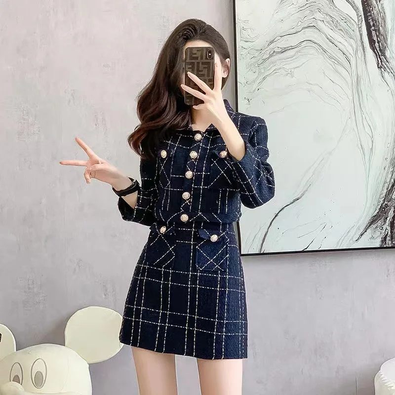 Women Checkered tweed Blazer 2-Piece Set Elegant Small Fragrance Wind Outfit Cropped Jacket+Mini Dresses Suit for Spring Autumn