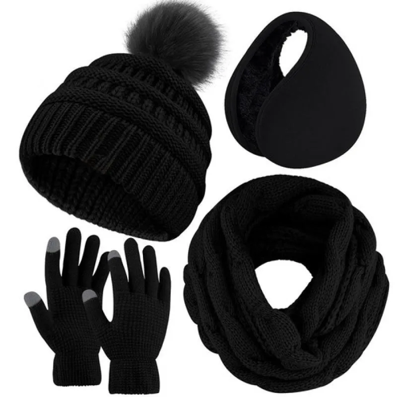 4pcs Women Men Winter Warm Knit Beanie Hat Scarf Gloves Earmuff Set Touch Screen Gloves For Winter Outdoor Sport Walking the Dog