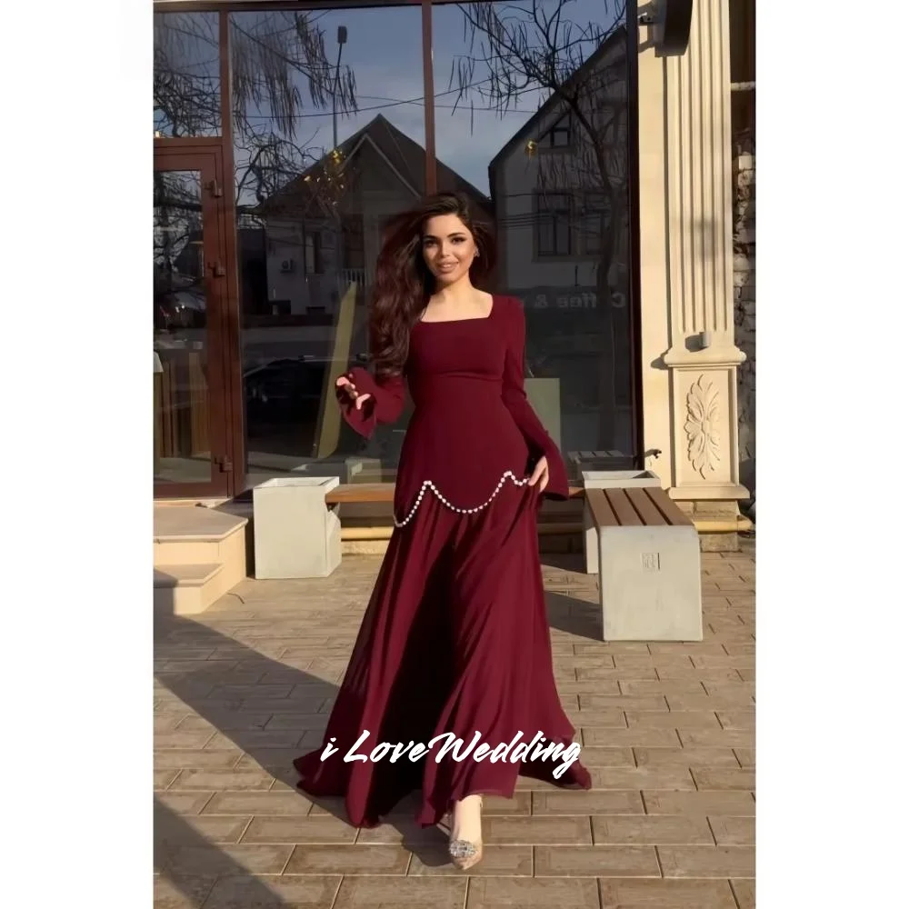 

Burgundy Square Collar Evening Dress 2025 Long Sleeve Beaded A-Line Floor-Length Pleat Prom Dress Wedding Party Dress Customized