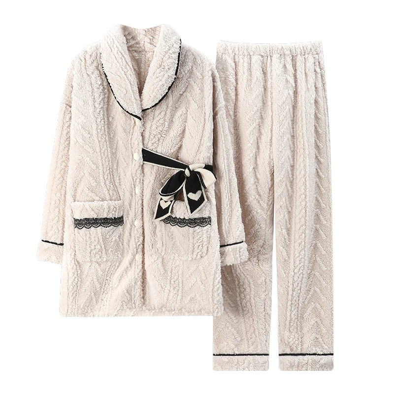 

Thick Coral Fleece Pajamas Women Warm Flannel Sleepwear Winter Home Service Suit Pyjamas Mujer