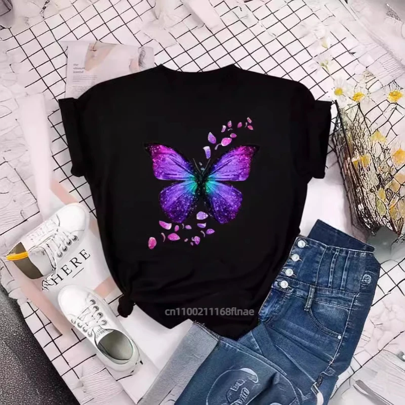 Street Dance-Kleidung für Damen, farbenfrohes T-Shirt mit Schmetterlingsblüten-Aufdruck, kurzärmeliger Rundhalsausschnitt, süßes Muster-Hip-Hop-Oberteil