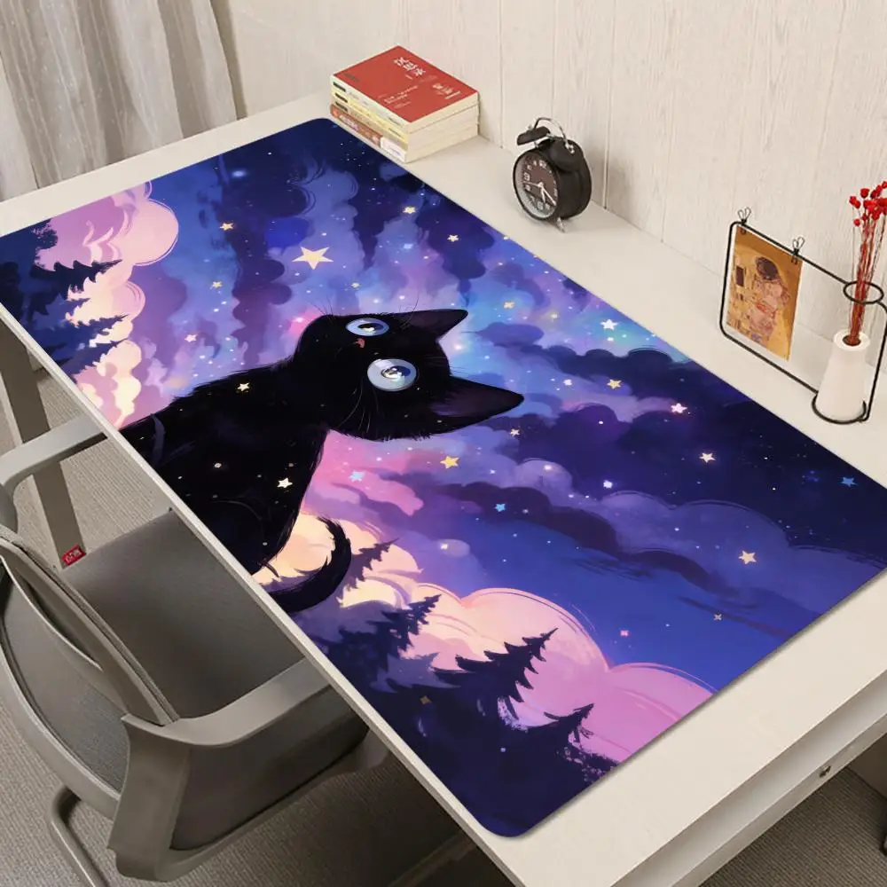 Kawaii Black Cat Starry Sky Mouse Pad, Large Extended Waterproof Anti-slip Gaming Desk Mat for Office & Laptop Keyboard