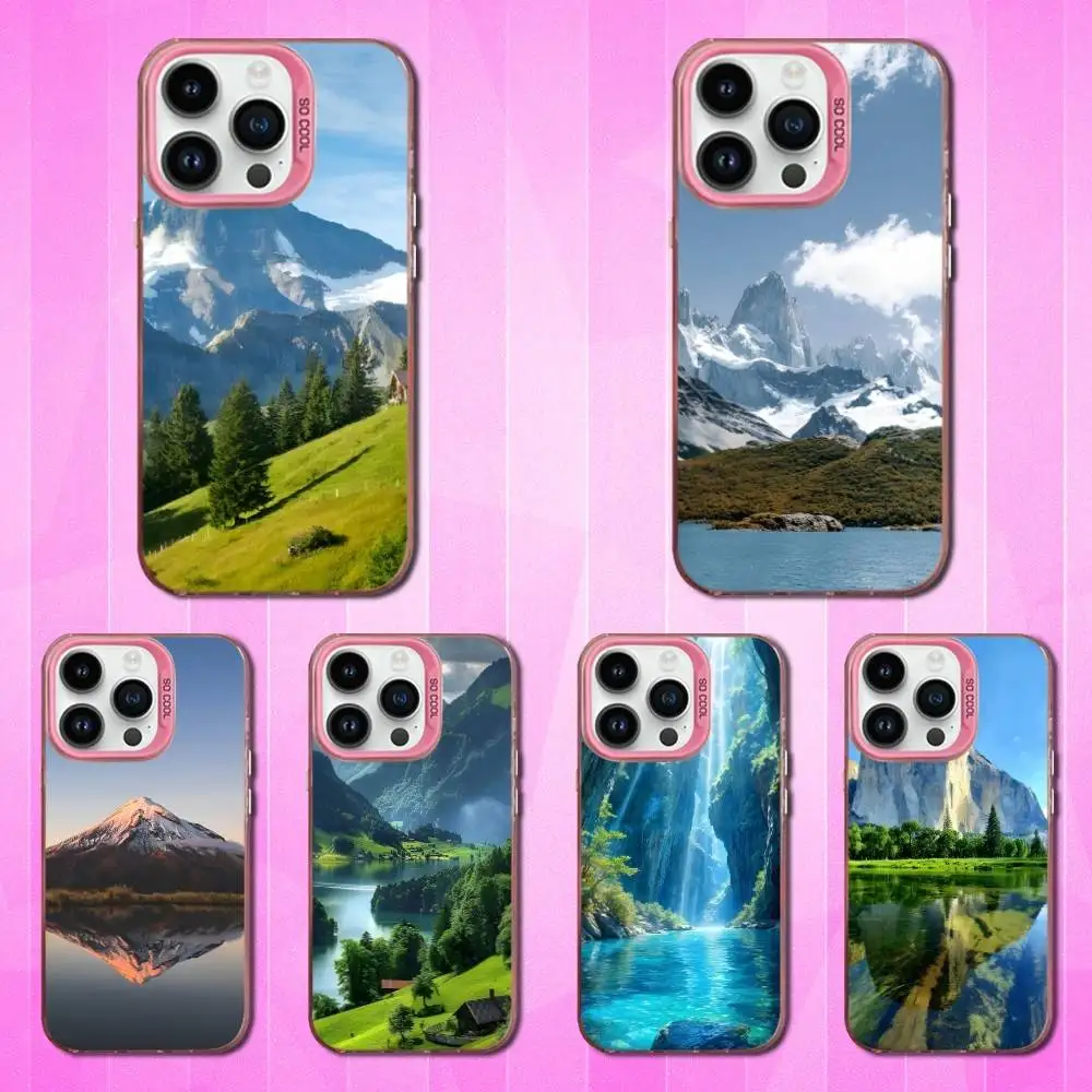 Mountains Travel Nature Phone Case For iPhone 16,15,14,17,13,12,11,Mini,Pro,SE,XS,MAX Pink Matte Silicone Cover