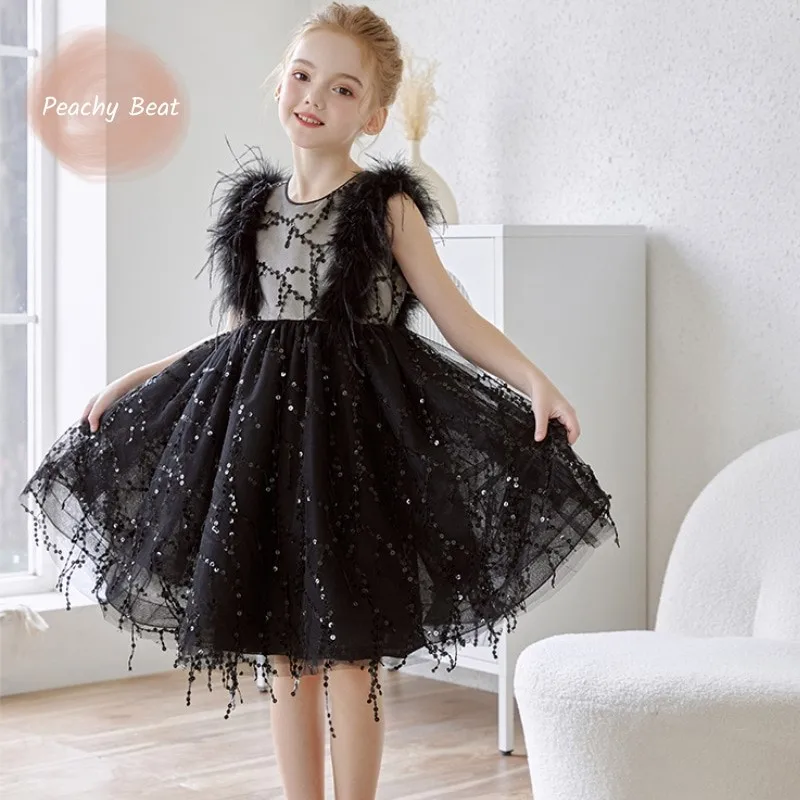 

Fashio Baby Girl Princess Feather Tassel Tutu DressToddler Child Black Sequins Vestido Birthday Party Carnival Baby Clothes3-12Y