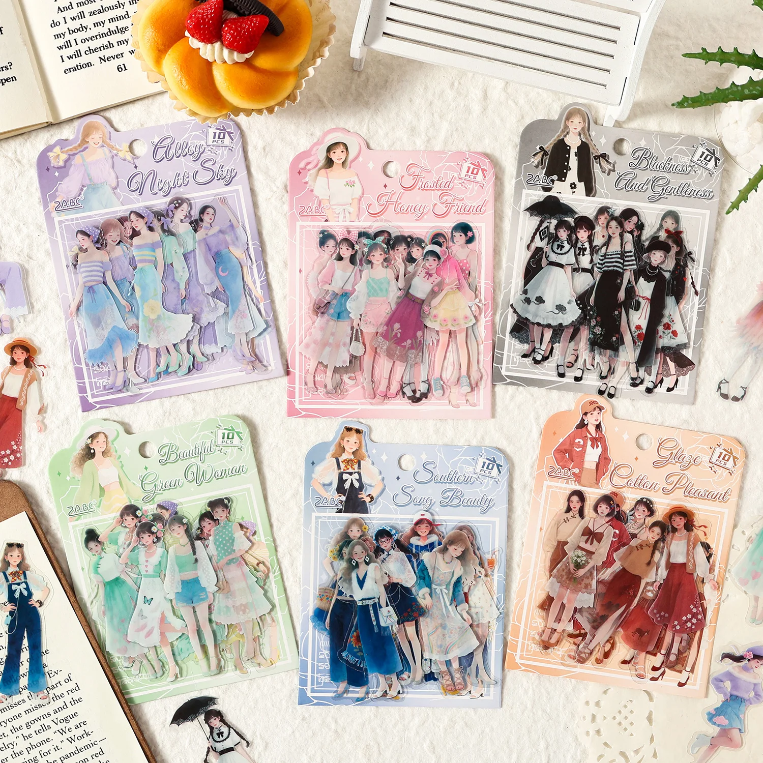 10Pcs Fashion Girl Waterproof PET Stickers, Colorful Outfit Transparent Decals