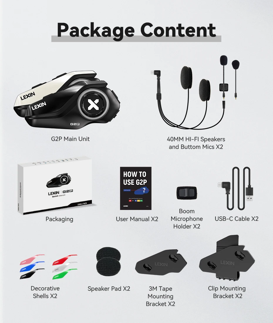 Lexin G2P motorfiets intercom helm Bluetooth-headsets, handsfree communicator tot 6 rijders interphone met FM-radio