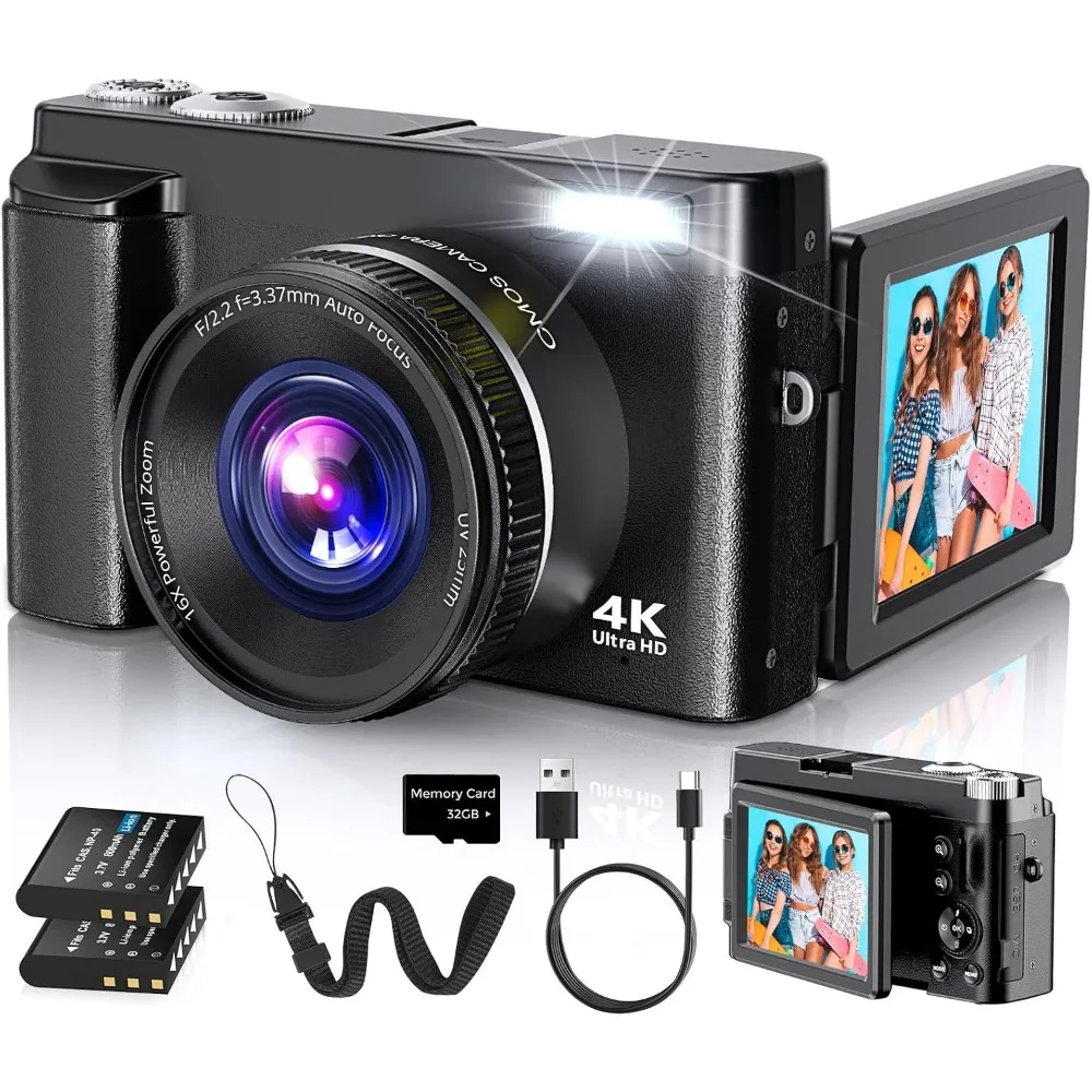 4K Autofocus Digital Camera, 48MP Vlogging, SD Card, 2 Batteries, 3" Flip Screen, Compact Travel, 16X Zoom