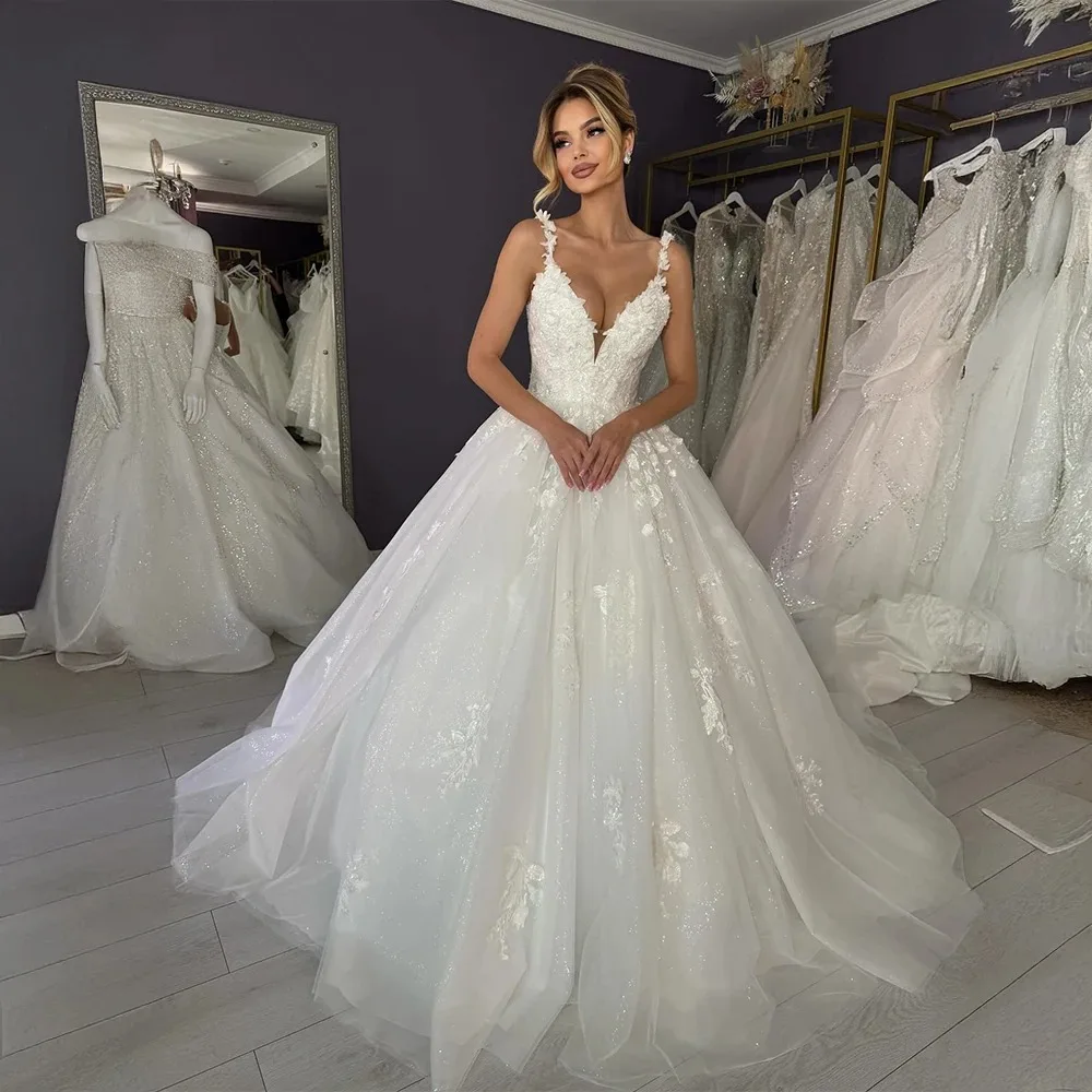 

Свадебное платье Sxey из тюля с глубоким V-образным вырезом, 3D-цветочным кружевом, тонкими бретелями и аппликациями, длина в пол, vestido de novia