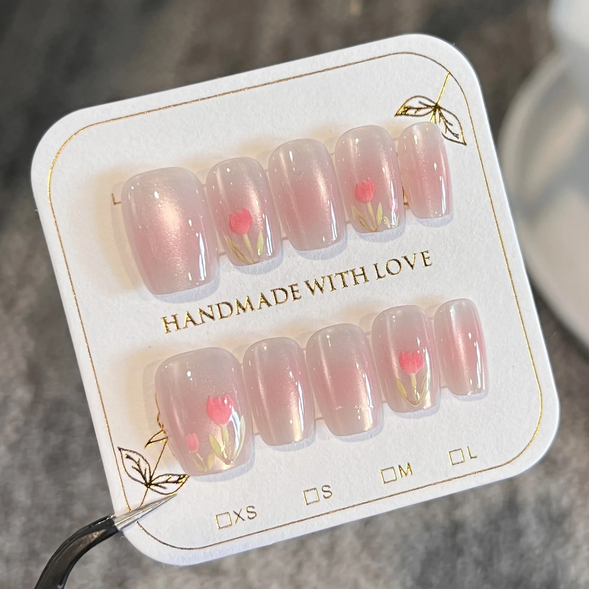 

10pcs Handmade Press on Nails Tulip Flower Pink Cat Eye Summer Fresh Fake Nail for Women&Girl Removable Wearable Nail Art
