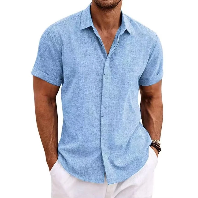 Moda masculina casual cor sólida camisas botão linho algodão manga curta formal camiseta masculina lapela básica fina topos uso diário