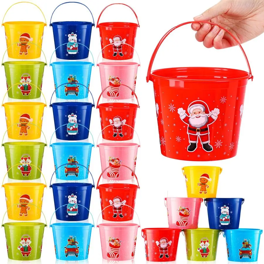 

Christmas Plastic Buckets with Handles 5.71 x 4.53 x 4.53 Christmas Bucket Home Round Bucket Pails Kitchen Decorations Candy Bar