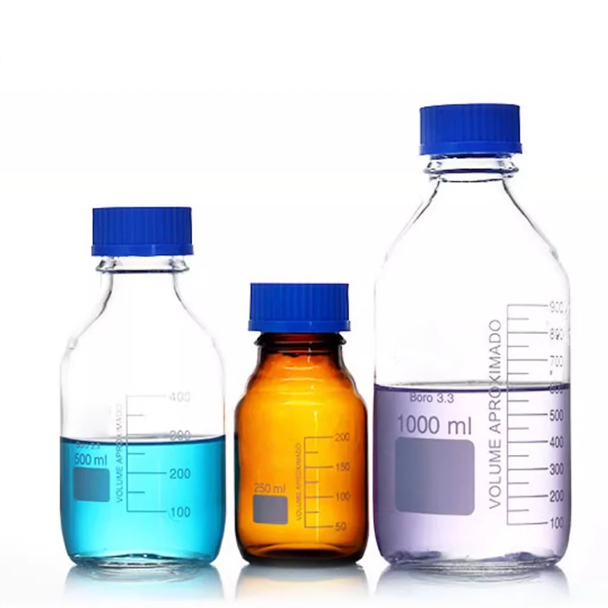 Blue cap reagent bottle transparent/brown screw top graduated glass sampling bottle laboratory reagent bottle