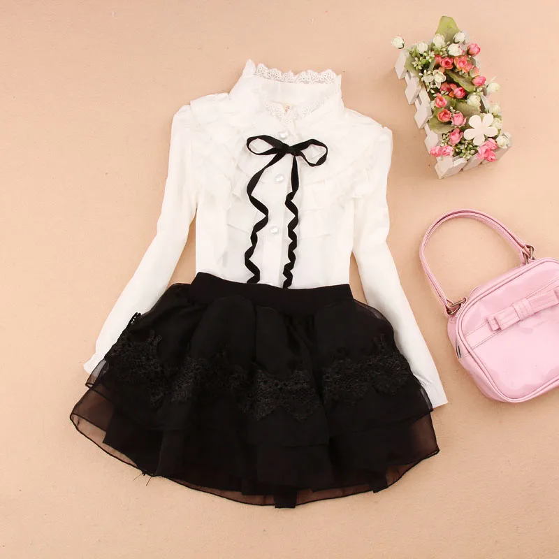 

Spring Fall Cotton Ruffles Blouses for Children Teenage School Girls Bow Pure White Shirts Toddler Long Sleeve Tops Baby Clothes