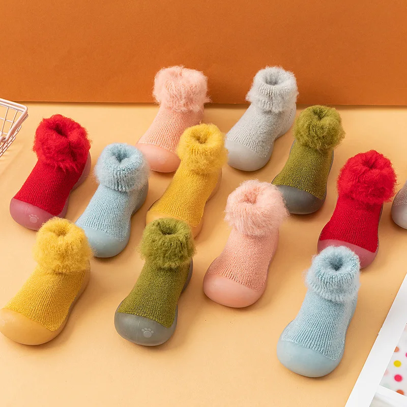 

Solid brushed thickened mid-tube shoes and socks baby plus velvet warm floor shoes soft sole anti-slip toddler shoes