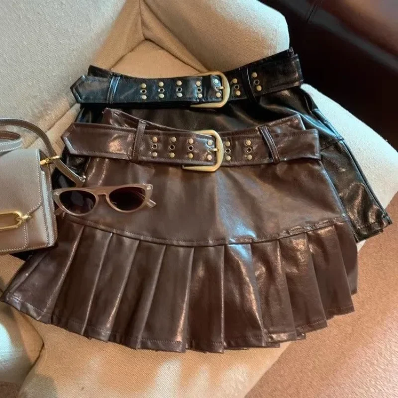High Waist Leather Short Skirt Autumn and Winter New Retro Spice Girl Slim PU Pleated Skirt