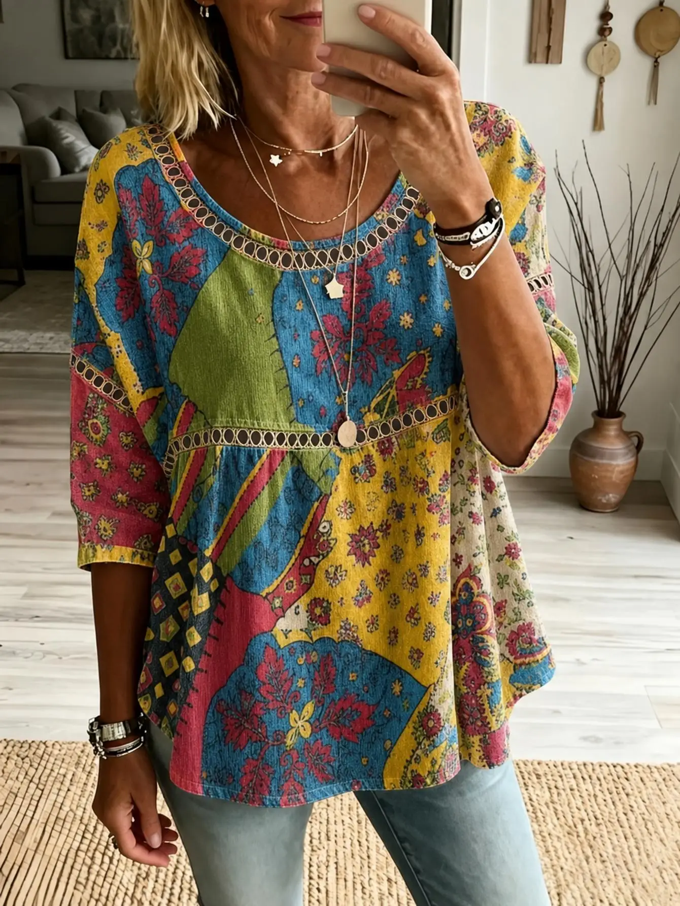 Women Plus Size Blouse 3D Floral Print Loose Fit Long Sleeve Boho Tunic Top