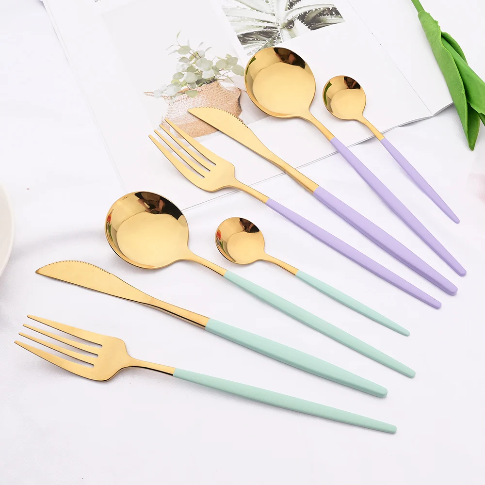 24Pcs Colorful Dinnerware Set Stainless Steel Gold Flatware Knife Fork Teaspoon Silverware Cutlery Set Western Kitchen Tableware